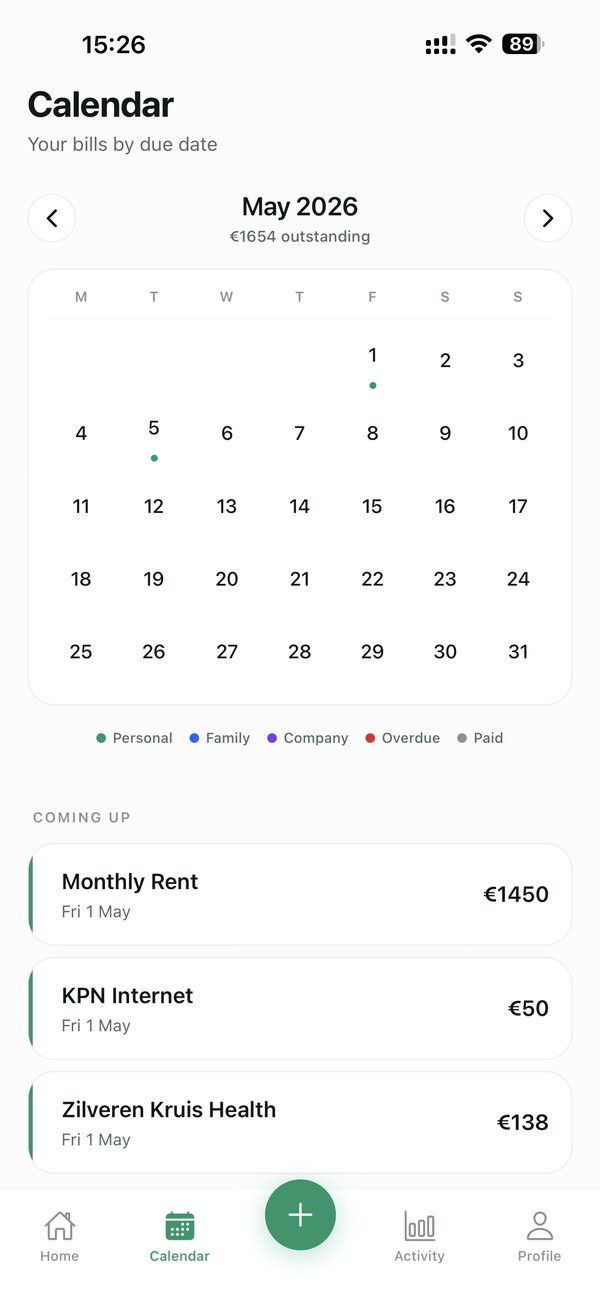Bill payment calendar
